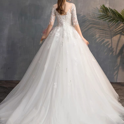 ウエディングドレス 七分袖 オフショルダー Aライン 二次会ドレス 白