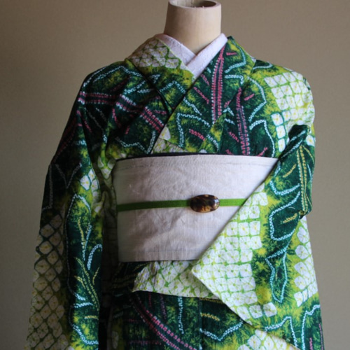 ◇有松絞り浴衣◇完全新品現代有松【グリーンからイエローのぼかし】夏