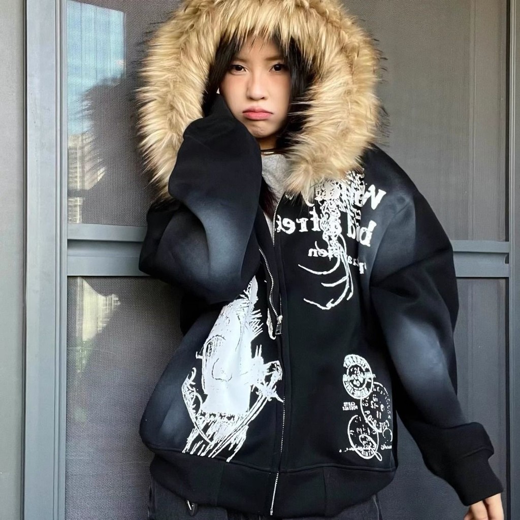 American Retro Y2k Millennium Fur Collar Zipper Jaqueta Com Capuz