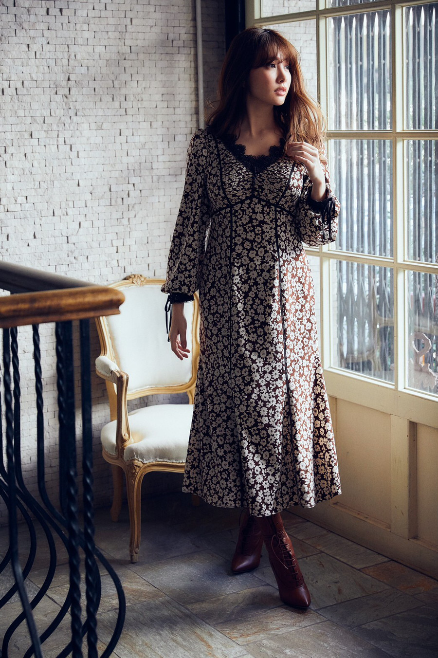 Fubail / Floral Print Lace Trimmed Dress