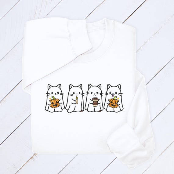 ゴーストキャット刺繍パーカー：不気味なハロウィンスウェットシャツ