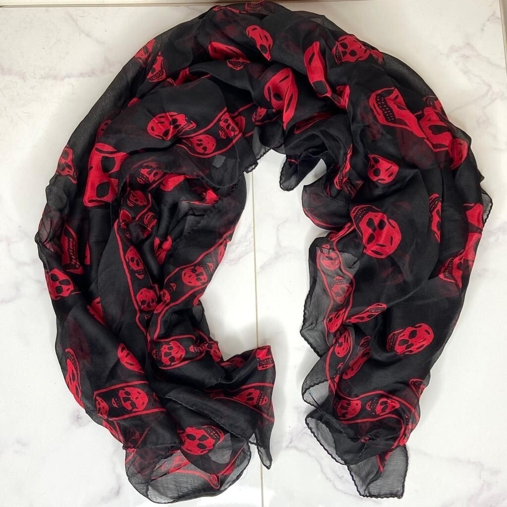 Alexander McQueen Black & Red Classic Skull Print Chiffon Silk