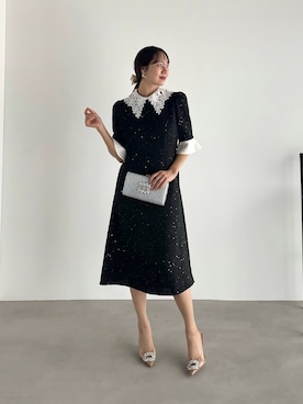 LEJA】花柄レースカラースパンコール刺繍Aラインフレアドレス