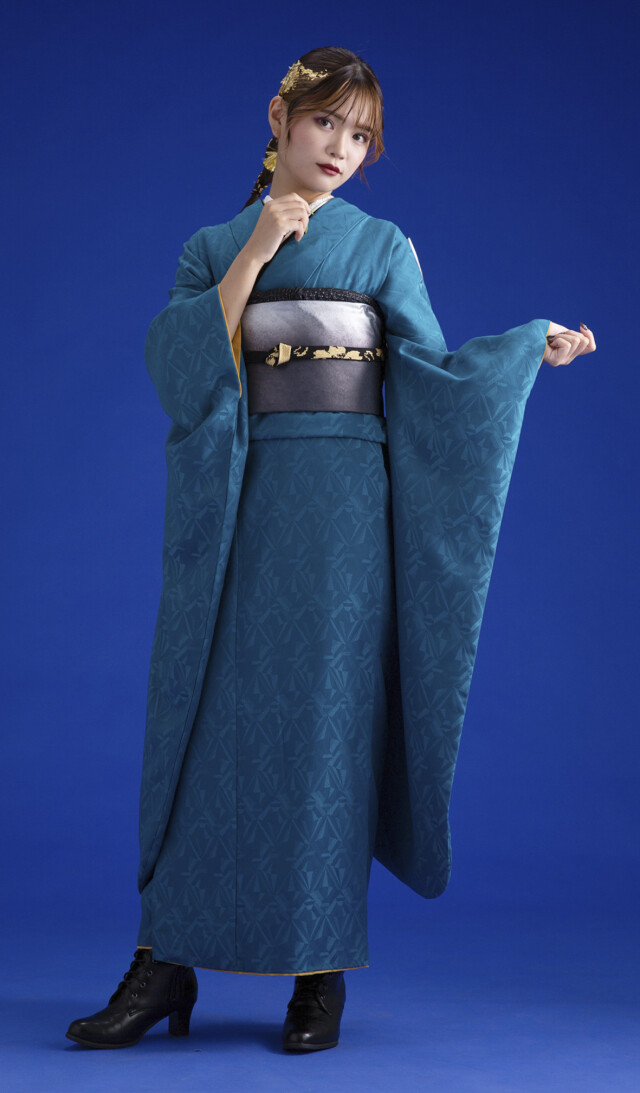 セゾンふりそで館の振袖 /青色/緑色/レトロ/無地柄/ 03574ターコイズ