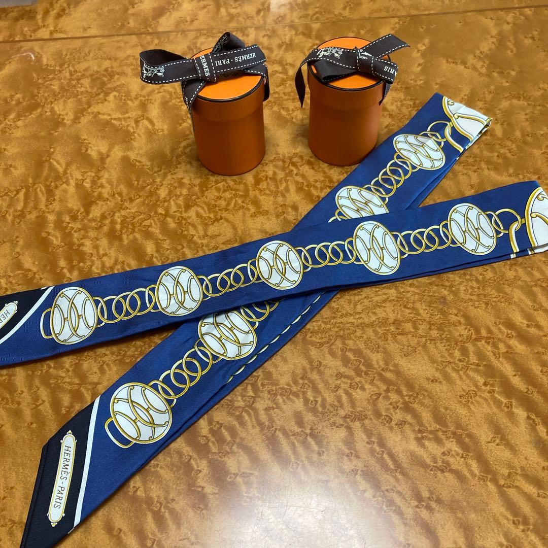 エルメス　ツイリー　リフトプロフィール　2本 エルメス ツイリー リフトプロフィール ネイビー×ブラック スカーフ 美