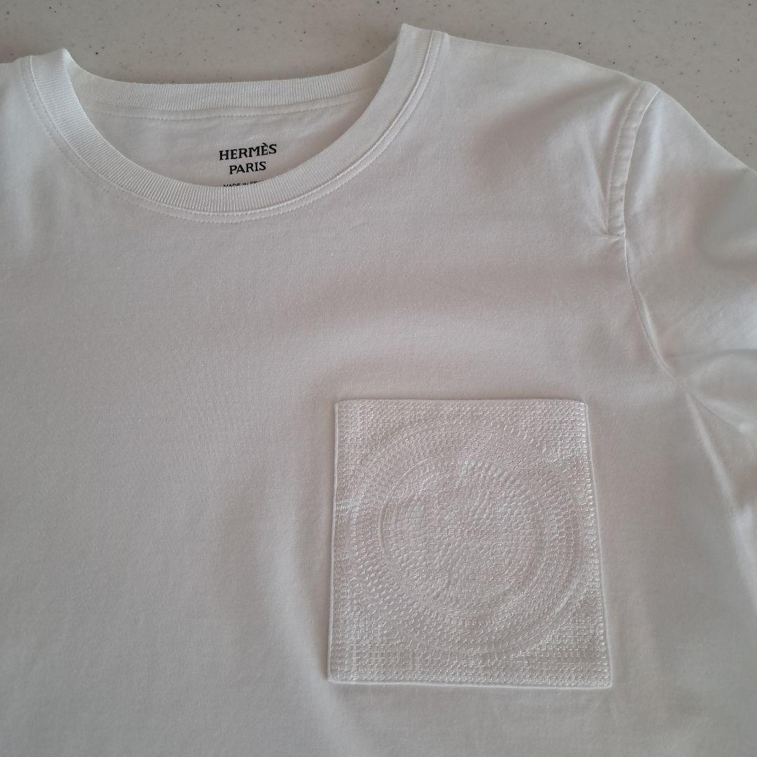 HERMÈS ホワイト Tシャツ ポケット付き Hモザイク刺繍ポケット 半袖Tシャツ コットン ホワイト エルメス – RECLO