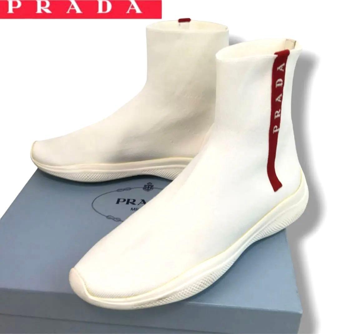 【PRADA】プラダ❤️ソックススニーカー・ショートブーツ✨ホワイト 37✨ PRADA】プラダ❤️ソックススニーカー・ショートブーツ✨ホワイト 37