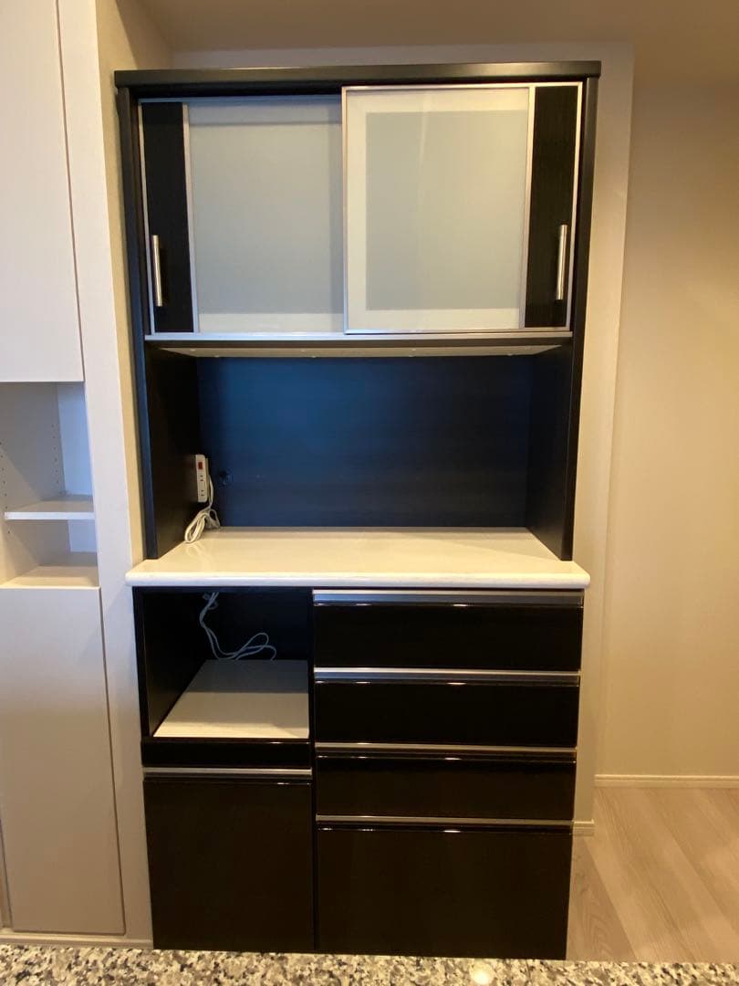 【最終値下げ】【ニトリ】黒の木製食器棚・キッチンカウンター スライド棚付きキッチンカウンター (幅120cm DBR) | ニトリネット