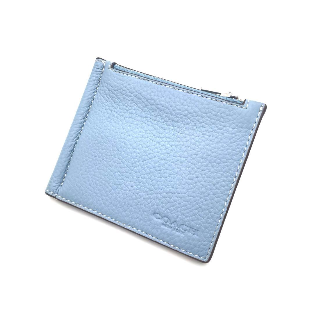 て*ー様 COACH マネークリップ ぺプルレザー ライトブルー コーチ　財布 COACH（コーチ） COACH CBO77 ペブル レザー スナップ スモール