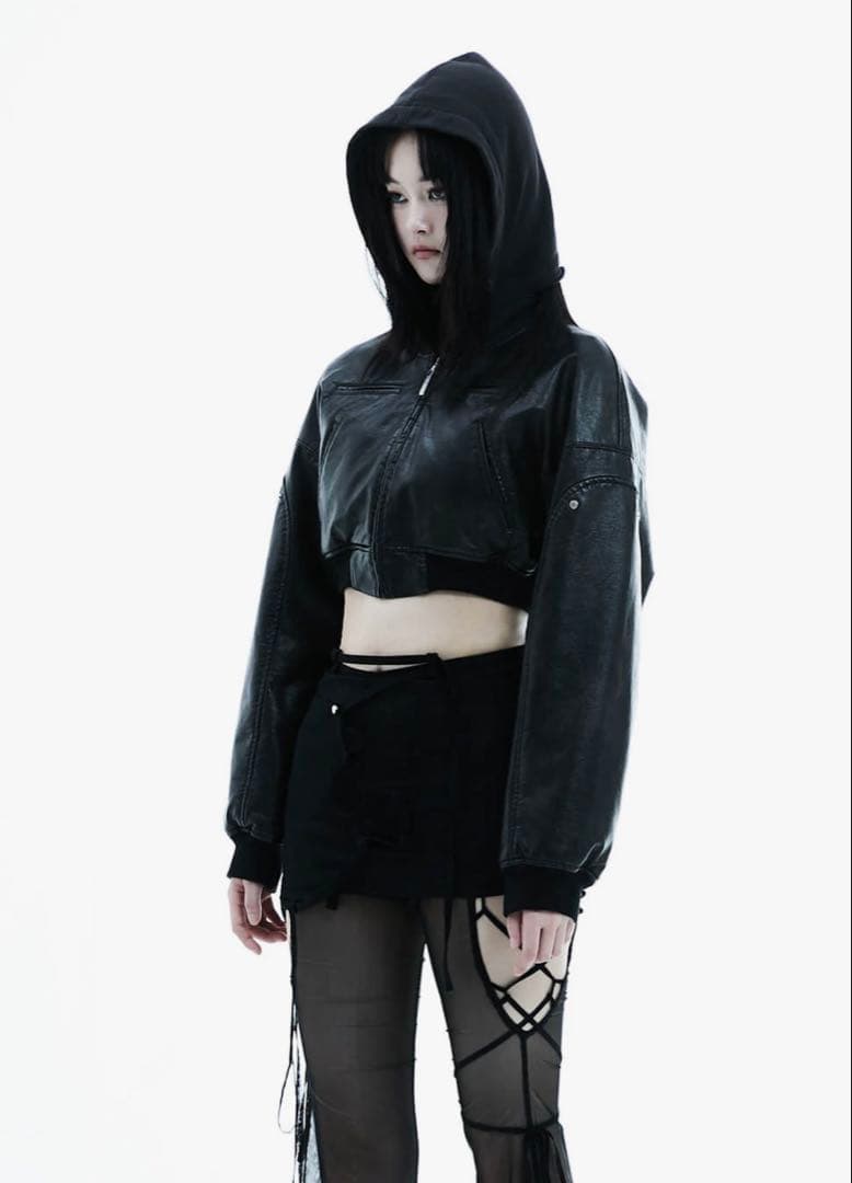 紫音様取り置き中　S leather jacket cropped Vegan Leather Belted Jacket（ls34397J）