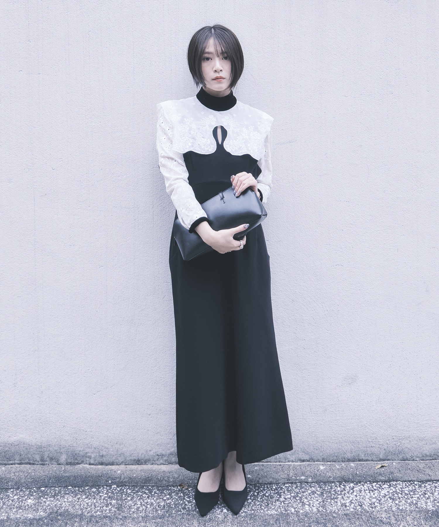 Triacetate Georgette Embroidery Collar Dress(1 BLACK): Mame